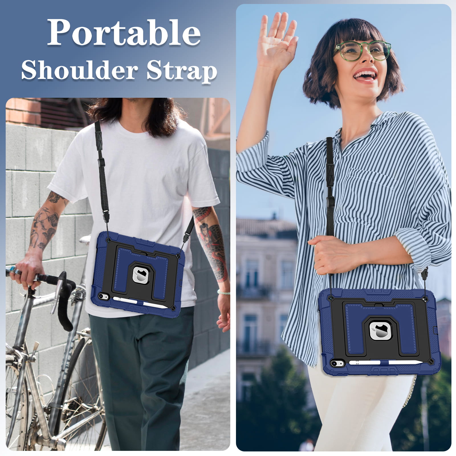 Funda para iPad 10th/A16 2025 de 11 pulgadas con funda para bolígrafo y correa para el hombro - Funda de silicona segura a prueba de golpes para tableta con función de soporte para niños