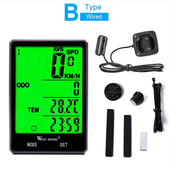 Velocímetro de ciclismo WEST BIKING, pantalla grande de 2,8 pulgadas, impermeable, 20 funciones, inalámbrico y con cable, odómetro de bicicleta, ordenador: B Wired