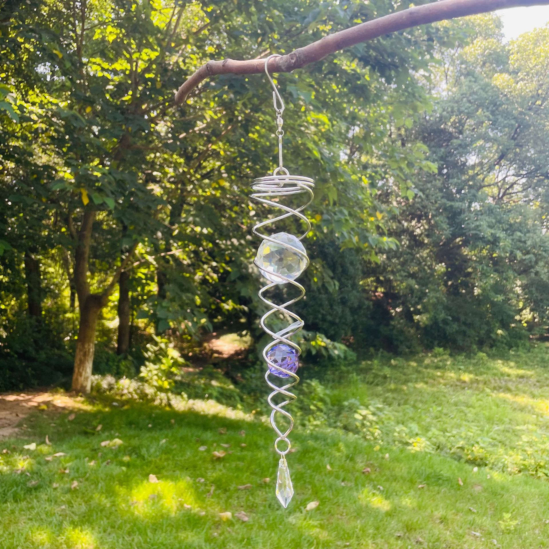 Gazing Ball Spiral Tail Wind Spinner Indoor Outdoor Decoration Stainless Steel Crystal Glass Ball with Hanging Swivel Hook: DARK GRAY