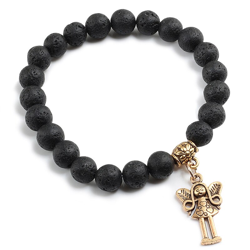 Angel Key Moon Cross Hanger Armband Mannen Natuurlijke Vulkanische Lava Stone Kralen Armbanden Religieuze Bidden Meditatie Sieraden: Golden angel