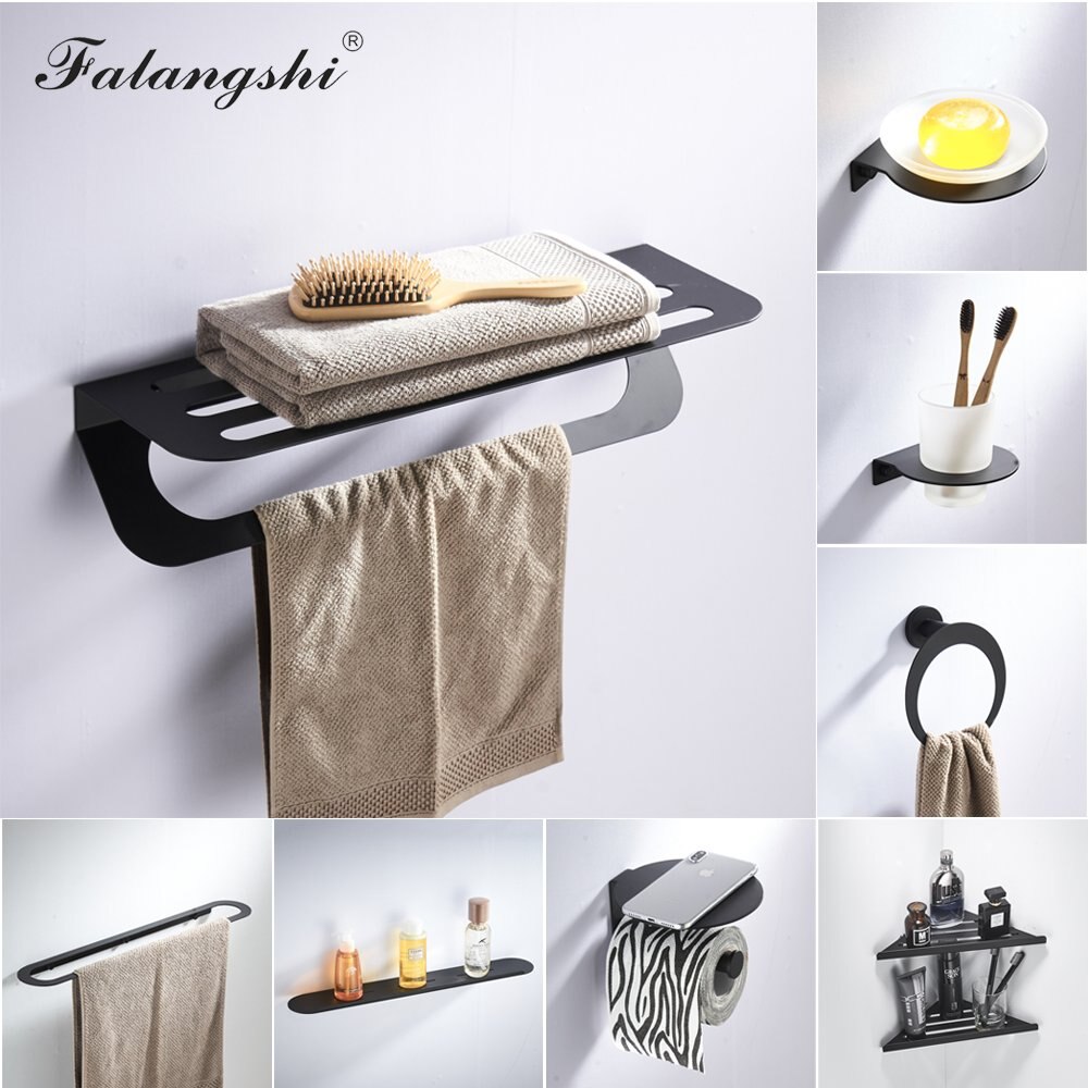 Falangshi 304 roestvrijstalen badkamermeubelset, zwarte handdoekhouder, toiletborstelhouder, badkamerplank, badjashaken  wb8848