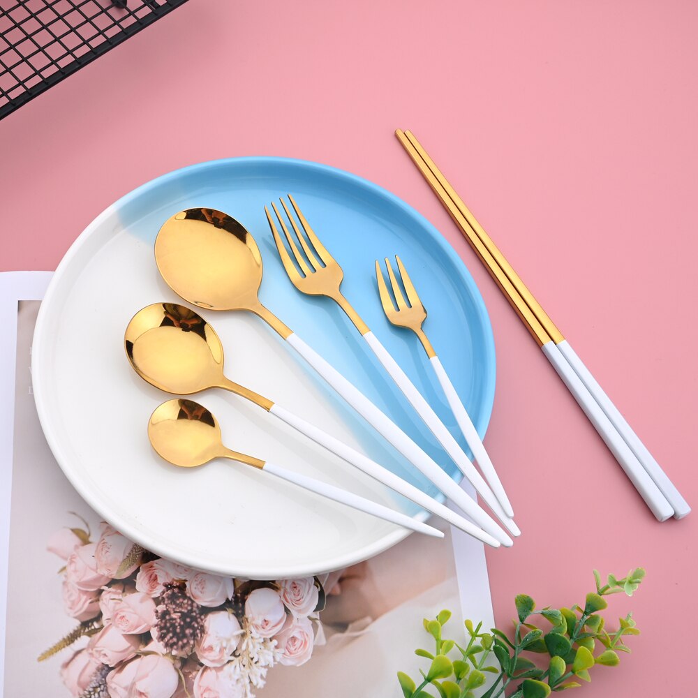 6Pcs White Gold Cutlery Set Stainless Steel Dinnerware Set Spoons Tableware Forks Cutlery Flatware Set Knives Spoons Mirror