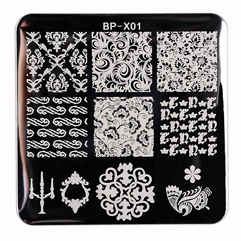 GEBOREN PRETTY 6*6cm Vierkante Nail Art Stempel Stempelen Plates Template Barokke Bloemen Afbeelding Plaat voor Nagels BP-X01