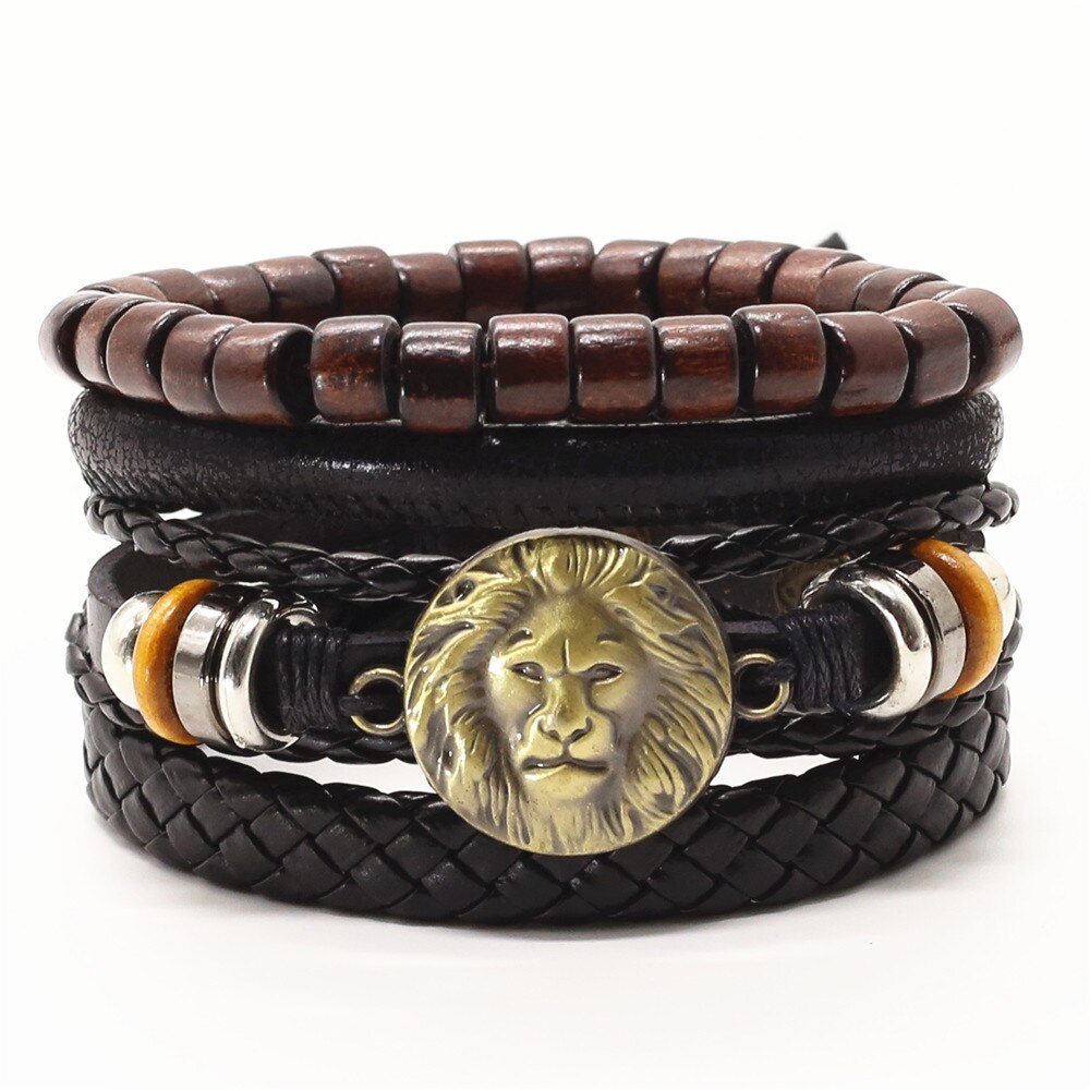 4 Stks/set Lion Cross Gitaar Charme Houten Kralen Mannen Lederen Armbanden Vrouwen Femme Homme Mannelijke Pulseras Sieraden: style 8