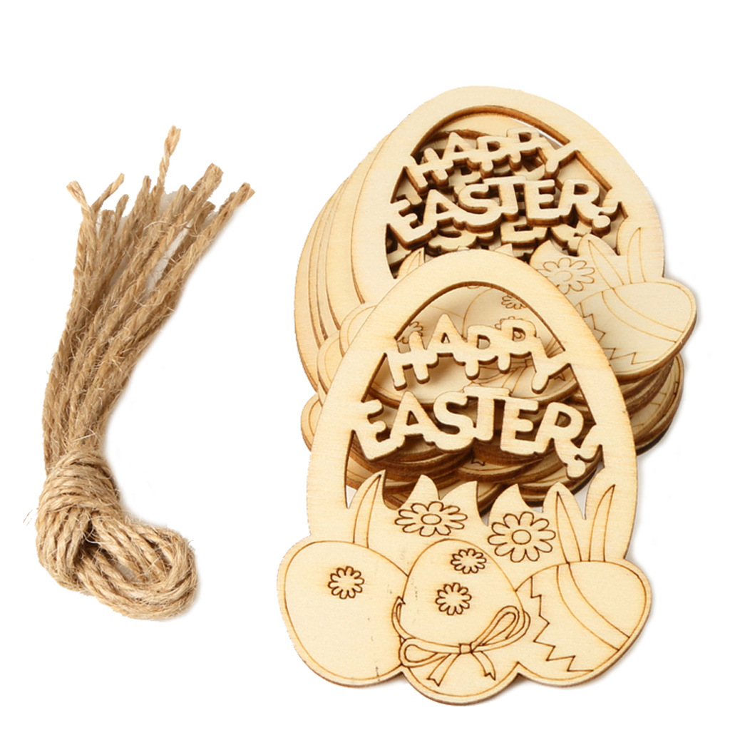 10pcs Unfinished Wooden Easter Ornaments Easter Egg Shape Wood Cutouts Slices with Hanging Twine for Easter Party Decorations: 1