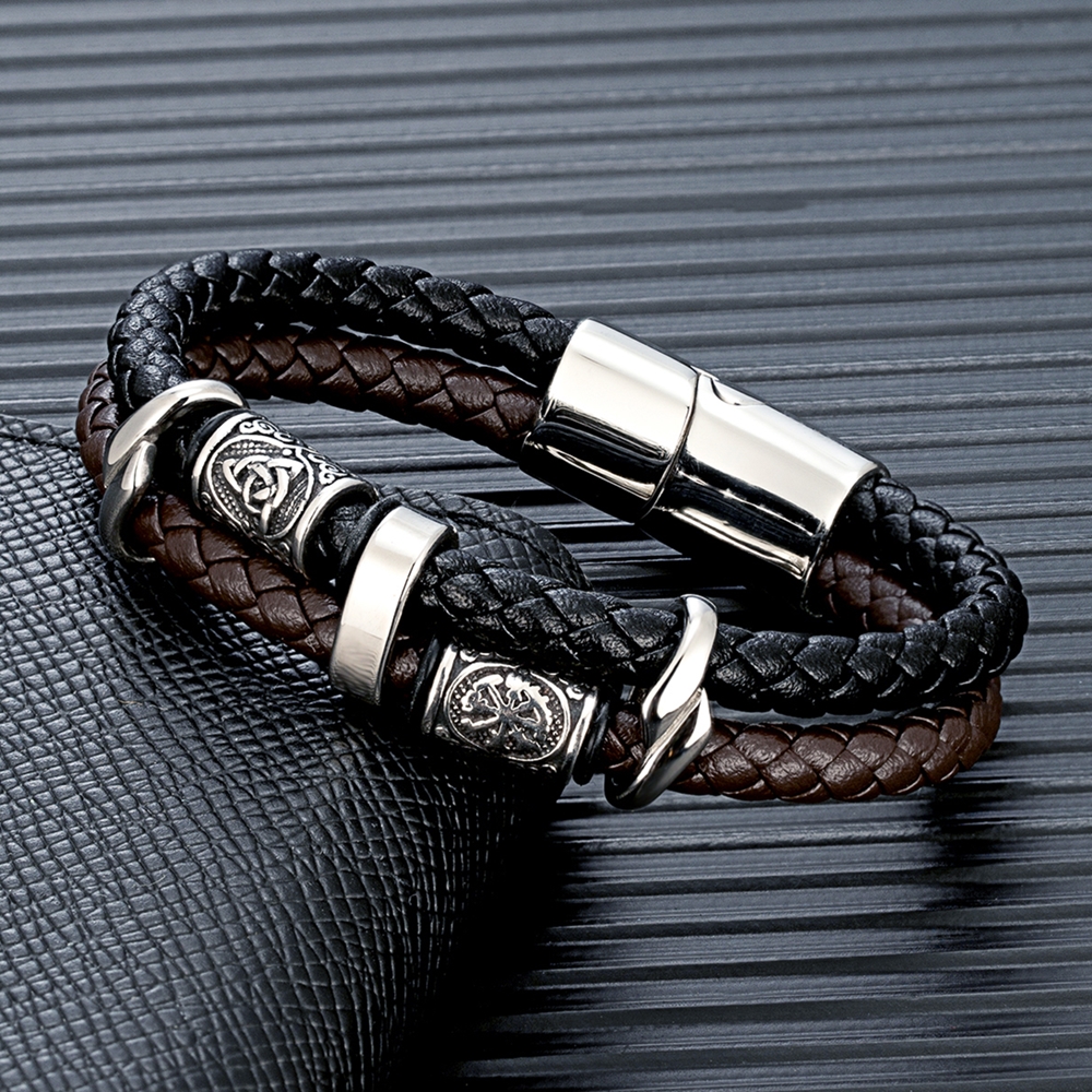 Mkendn punk vikingstil rustfritt stål kompass norrøne runer amulettperler flettet flerlags lærarmbånd mann pulsera
