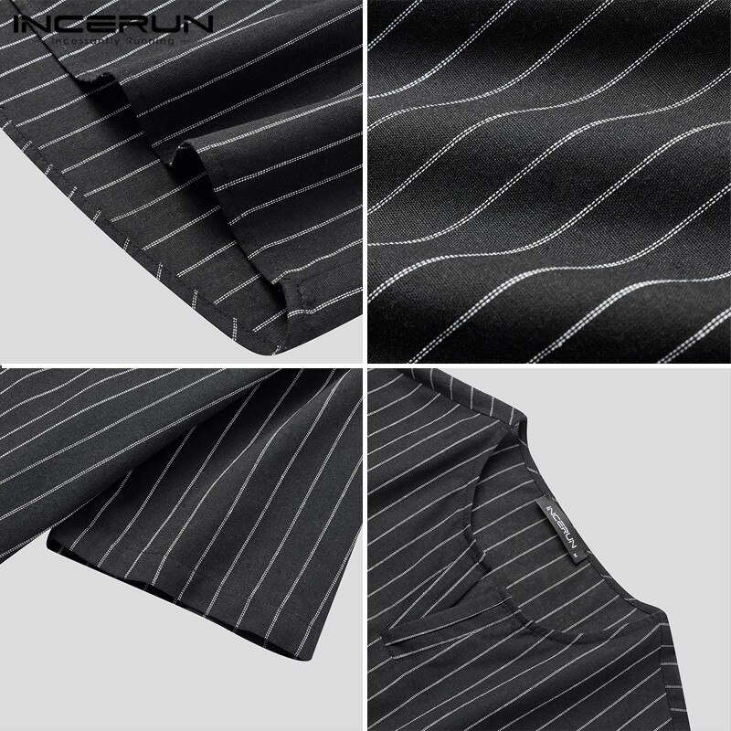 Incerun herr randiga skjortor casual kortärmad v-ringad camisa man bomull andas blusas lös harajuku blus s -5xl 7