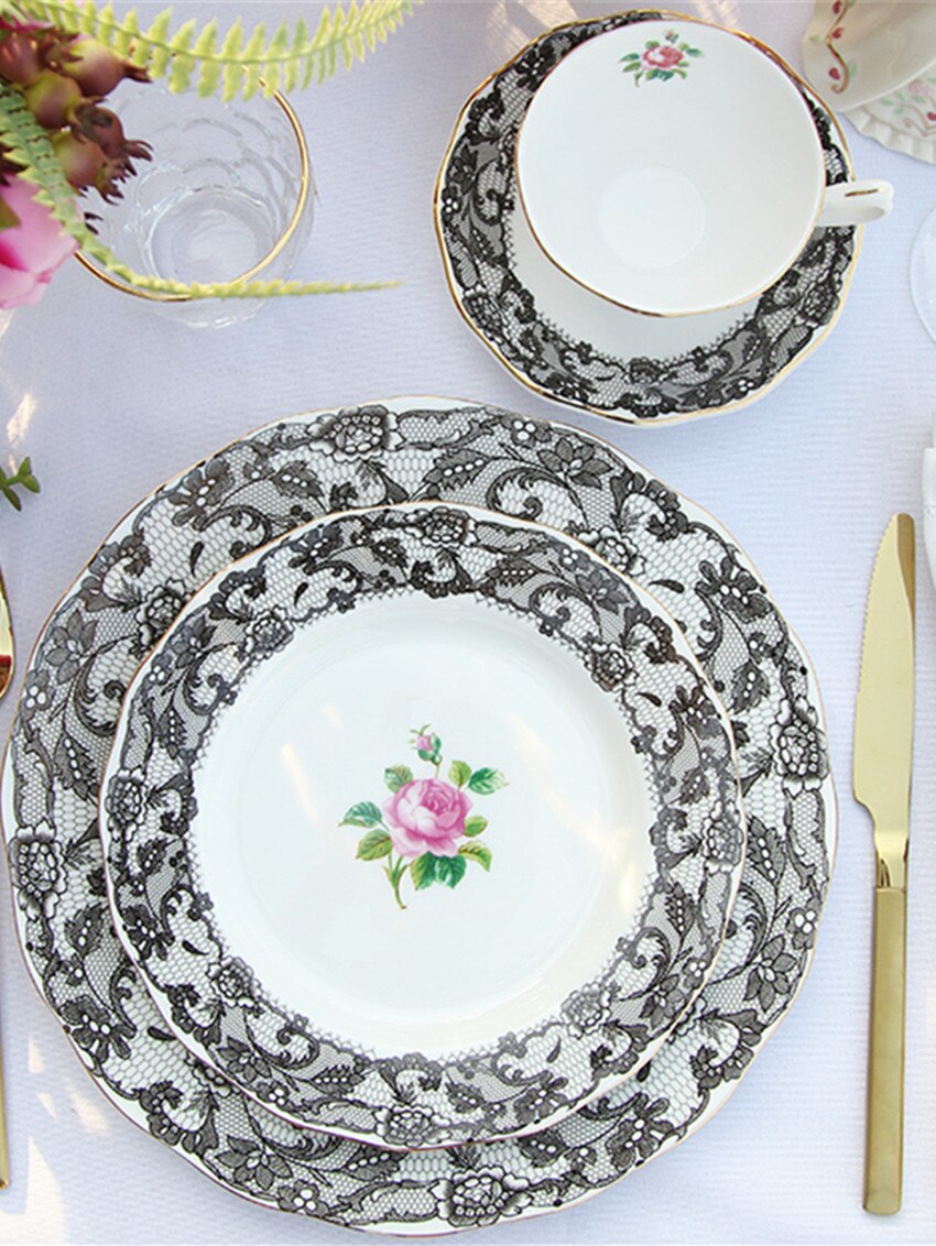 England Bone China Coffee Cup Saucer Set Luxury Afternoon Tea Party Ceramic Dessert plate Lace Porcelain Tea Cups