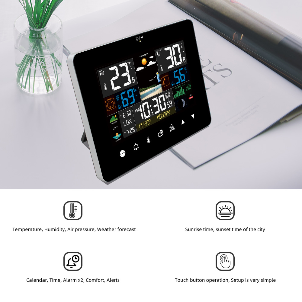 Multifunctioneel weerstation Wekker Touchscreen Thermometer Hygrometer Draadloze sensor Zonsopgang Zonsondergang Hygrothermograaf