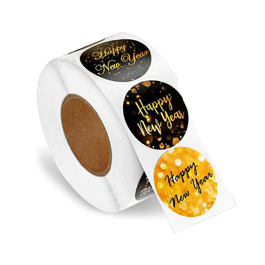 100-500 Stuks Gelukkig Nieuwjaar Stickers 8 Ontwerpen 1.5 &#39;&#39;Ronde Zwarte Goud Labels Stickers Voor Kerstcadeau kaarten Enveloppen Dozen