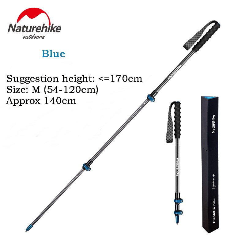 Bastón de Trekking ultraligero de fibra de carbono Naturehike de acero de tungsteno, 3 secciones, bastón para caminar, senderismo, alpinista S135g: Blue M 1PC