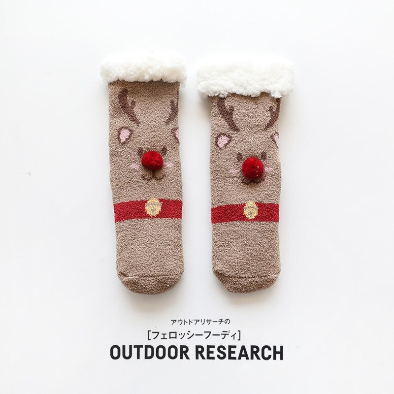 Kids Anti Slip Cashmere Christmas Socks Toddler Child Boys Girl Baby Winter Thick Warm Cartoon Animal Parent-child Thermal Sock: Red nose / adult