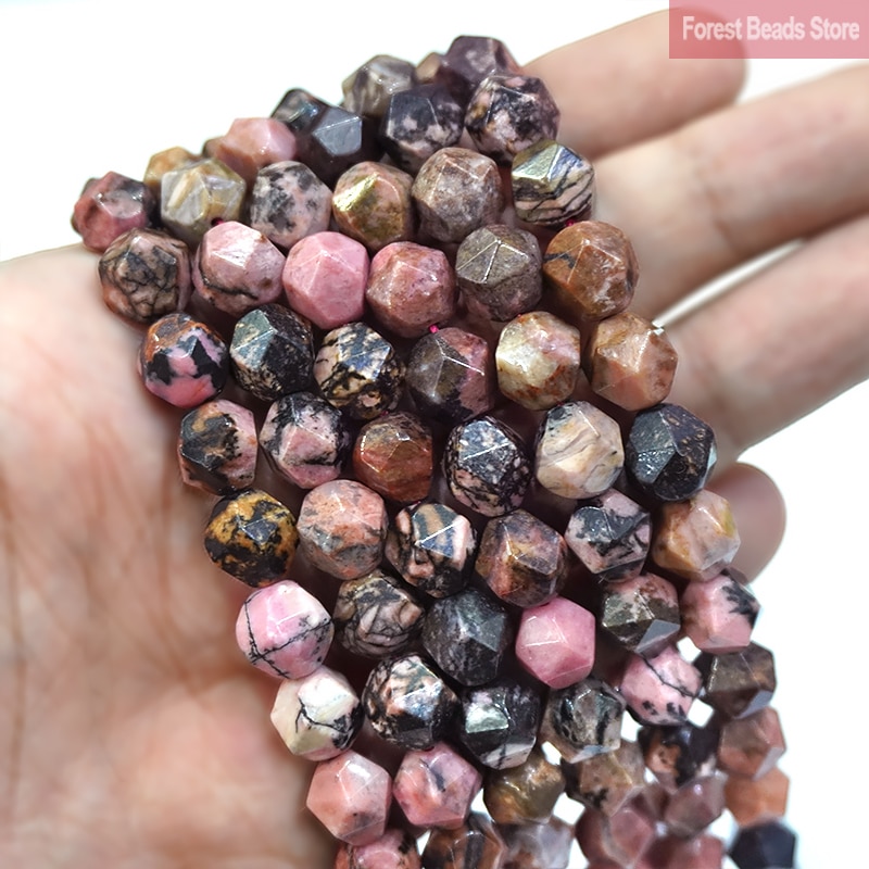 Faceted Natural Stone Black Lace Rhodonite Spacers Beads DIY Charms Bracelet Necklace for Jewelry Making 15" Strand 6 8 10MM