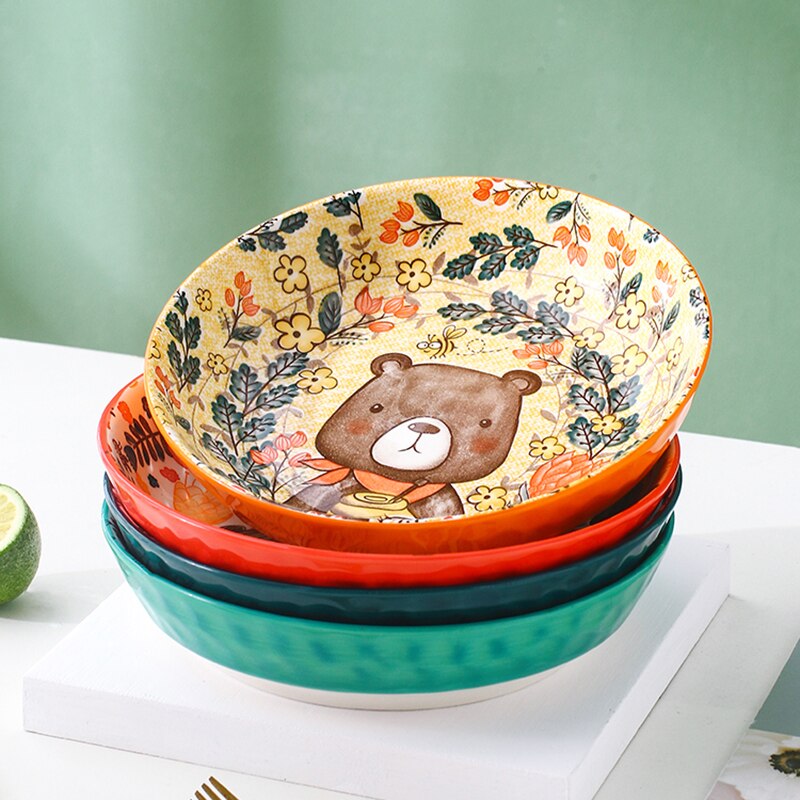 Platos de dibujos animados de 8 pulgadas para niños, platos bonitos para el hogar, vajilla de cerámica con personalidad creativa, plato profundo de disco rojo neto