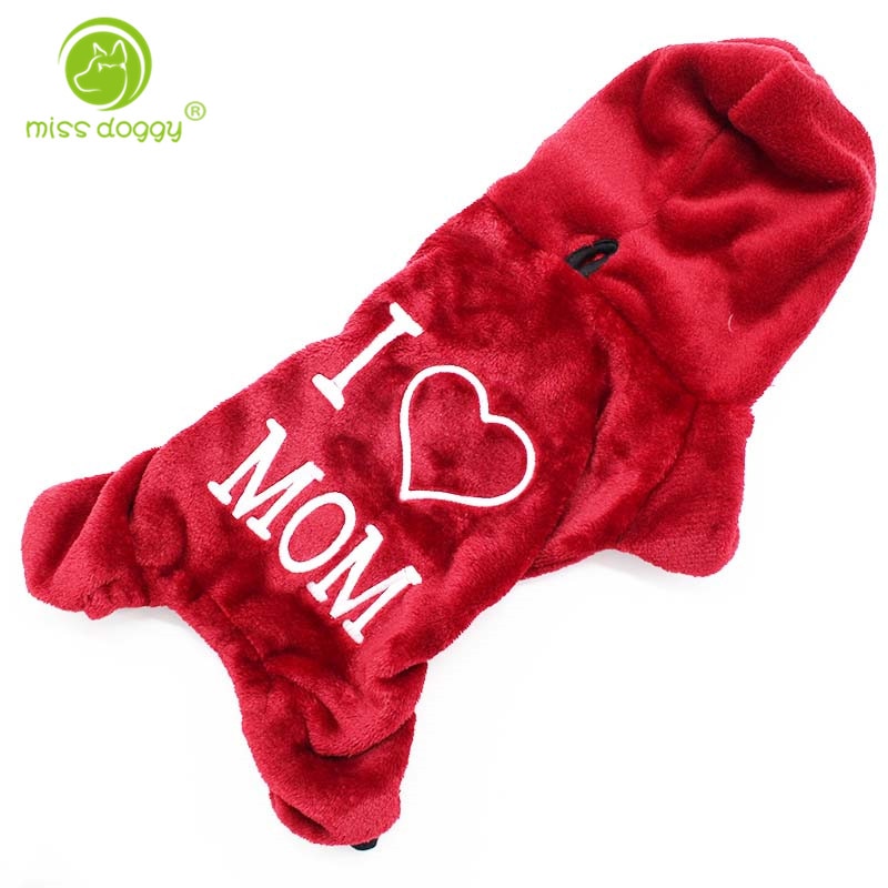 Hond Kleren Flanel Hooded Jumpsuits & Rompertjes I LOVE MOM Woorden Kostuums Warme Zachte Herfst Winter Huisdieren Honden Benodigdheden 10E