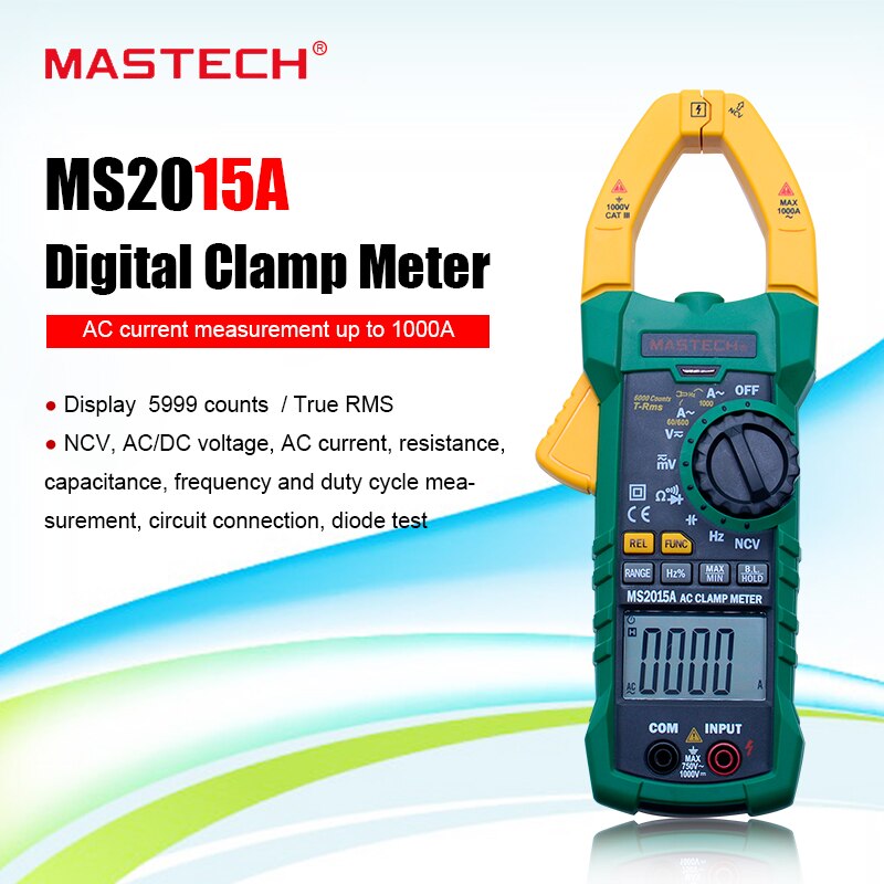 MASTECH MS2015A Auto Range Digital ACCurrent Clamp Meter AC 1000A true RMS Multimeter Frequency Capacitance NCV voltage detectio