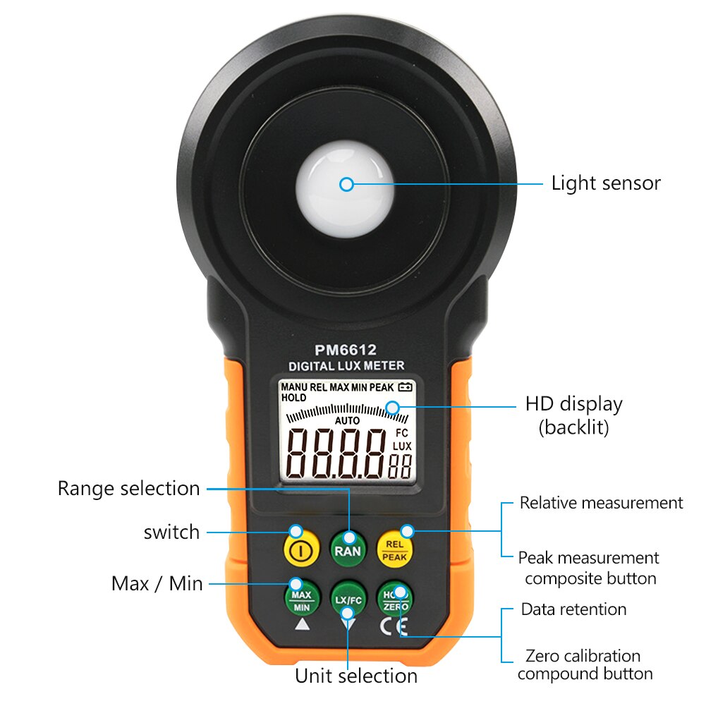 Mètre d'éclairage Portable mesure grand écran LCD affichage testeur de lumière Portable ABS numérique luxmètre PM6612 200000Lux