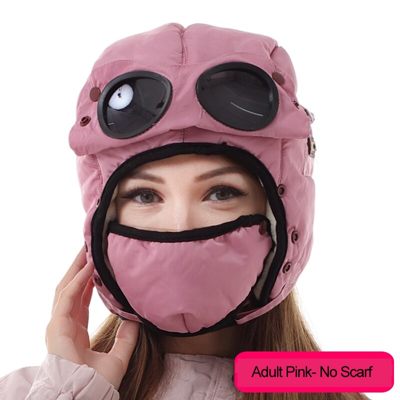 Warm Winter Wind Stopper Face Hats Outdoor Ski Masks Bike Cyling Beanies waterproof hood hat with glasses cool balaclava: Adult Pink