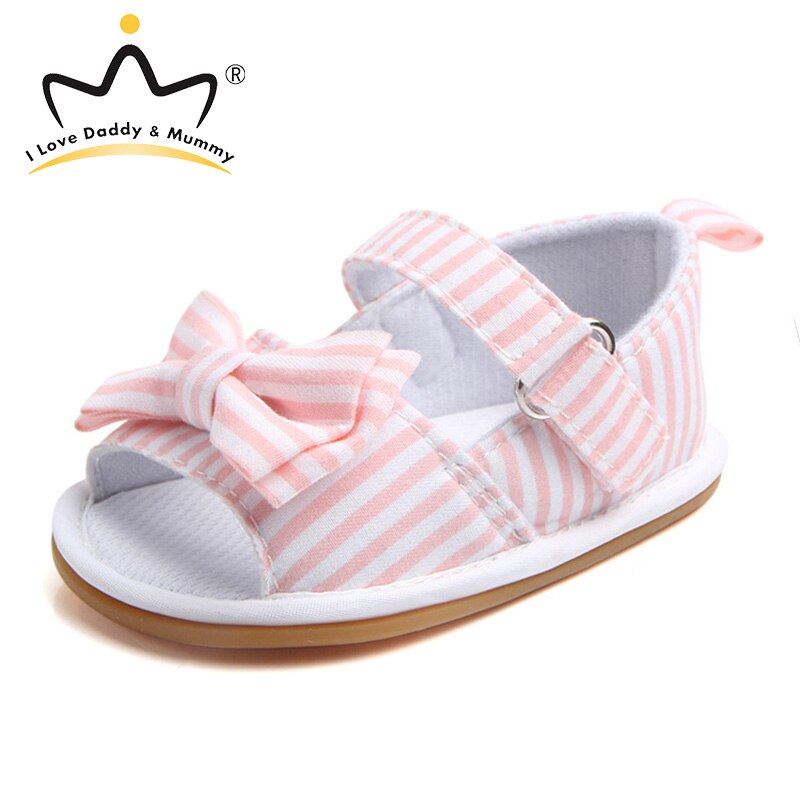 Sandales d'été pour bébés filles, chaussures à nœud mignon rayé, respirantes, antidérapantes, sandales à semelles souples, chaussures pour tout-petits: bows pink / 13-18 mois