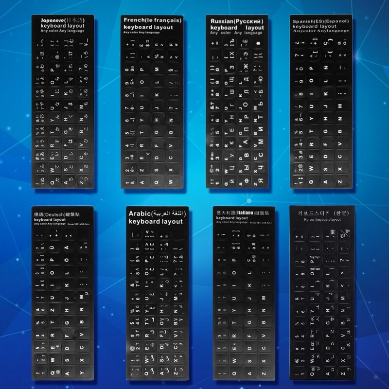 Duurzaam Russisch/Frans/Spaans/Japans/Duits/Arabisch/Koreaanse/Italiaanse Toetsenbord Taal Sticker Zwart achtergrond Met Witte