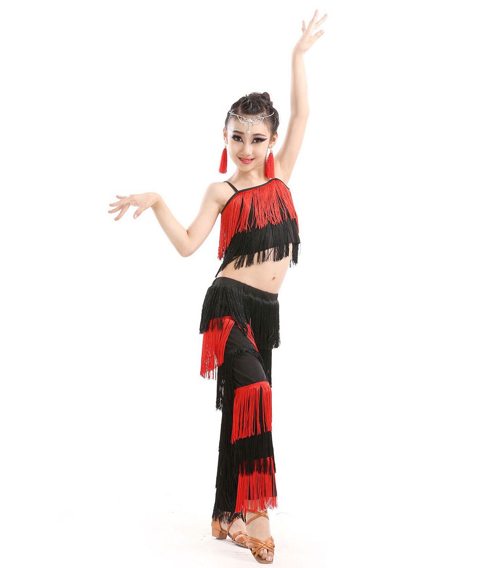 Children Bachata Latin Dance Costumes Girls Ballroom Tango Salsa Latin Dance Competition Costume Fringe Pants Tops: Red / 140cm
