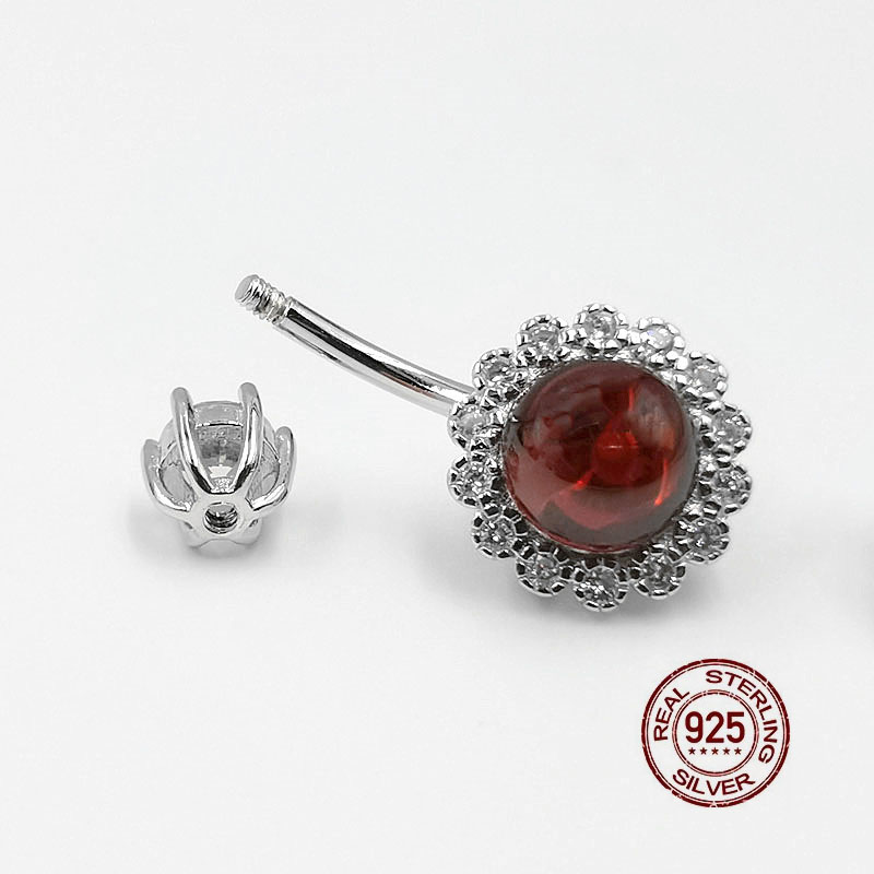 HelloLook Garnet Barbell Navel Ring 925 Sterling Silver Navel Piercing Anti-Allergy Belly Button Ring Body Piercing Jewelry