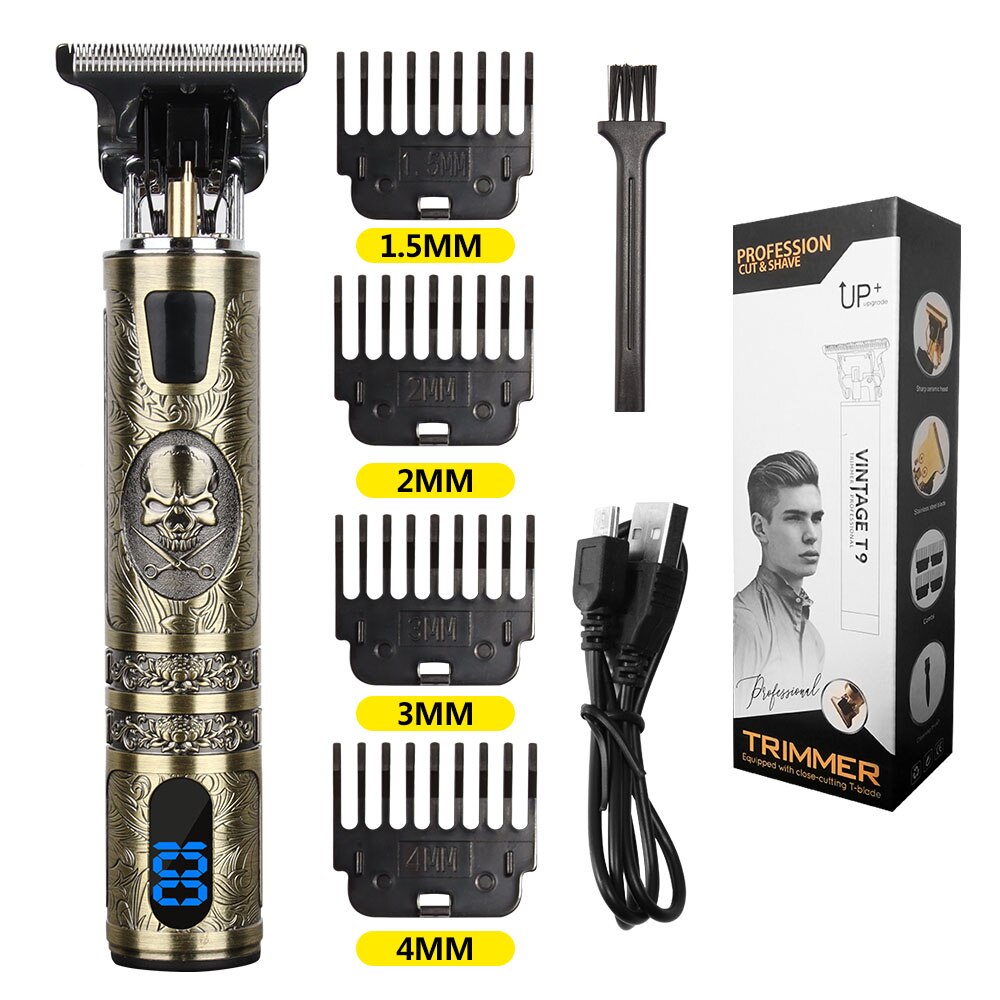 Tondeuse à cheveux électrique Vintage T9 pour hommes, rasoir Rechargeable USB 0mm, tondeuse à barbe professionnelle, salon de coiffure: skull