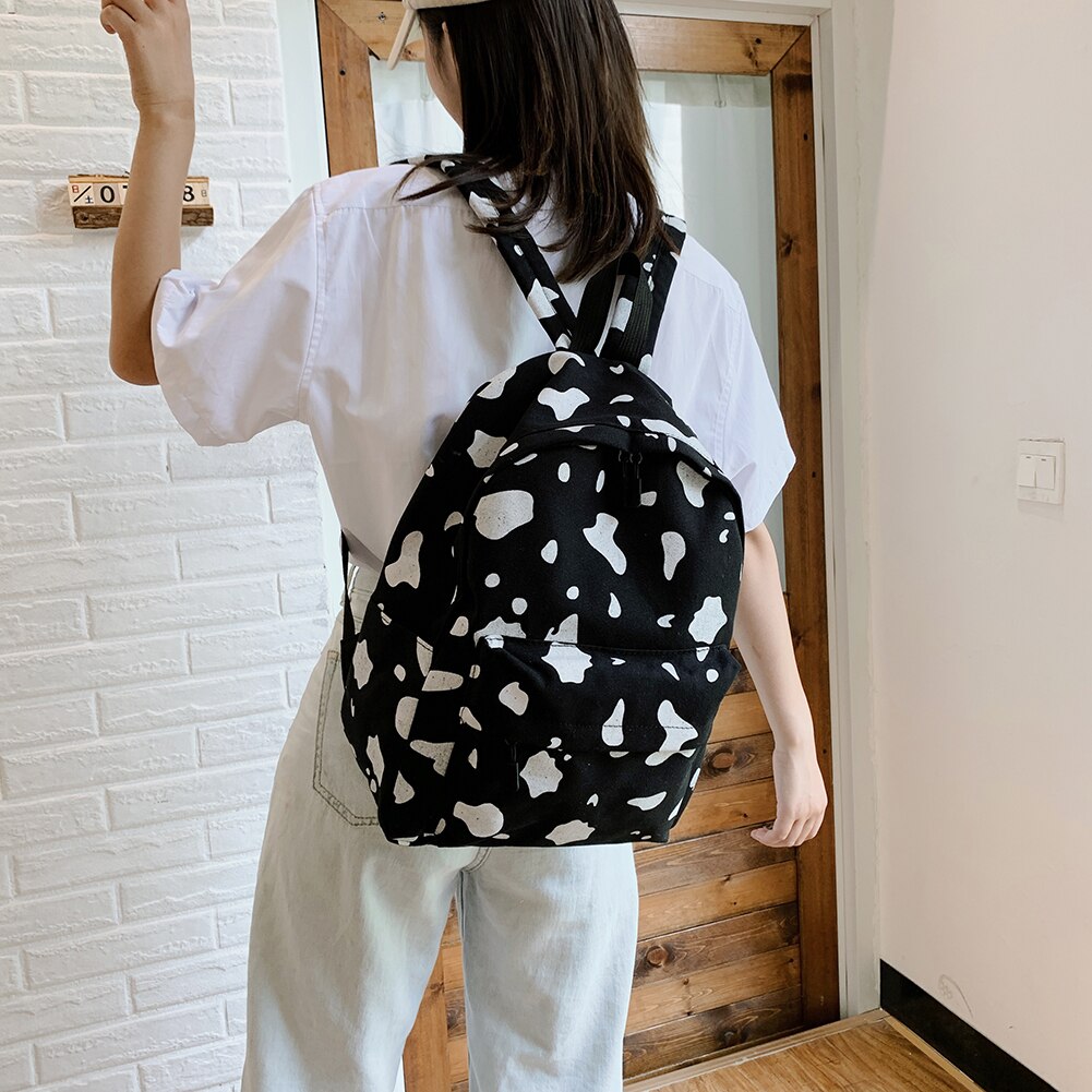 Women Canvas Backpack Cow Milk Print Students Girls Daily Shoulder School Bag Outdoor Shopping Accessaries Supplies