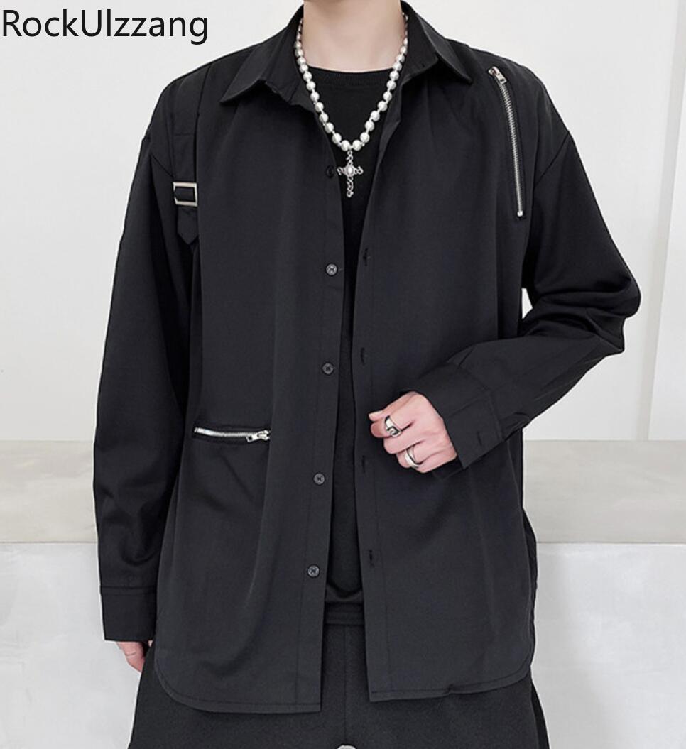 Plus størrelse langermet høstantrekk søm glidelås ringe bånd fast punk streetwear skjorte mørk bluse hofte hopp harajuku menn goth
