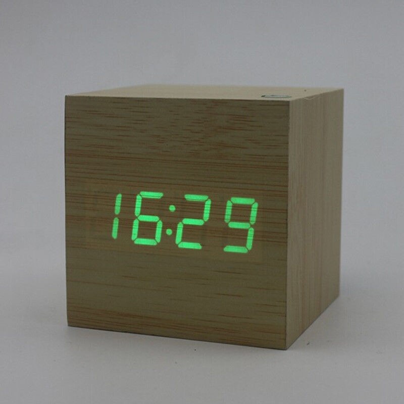 Träkub digital ledd skrivbordslarmtermometer timer kalender usb klocka b: B
