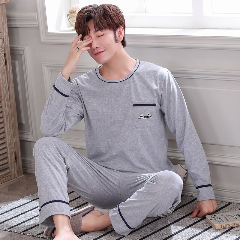 Autumn Winter Knitted Cotton Gray Men&#39;s Pyjamas Solid Pajamas Set Casual Male Sleepwear Pyjamas Night Pijama Hombre 4XL Homewear