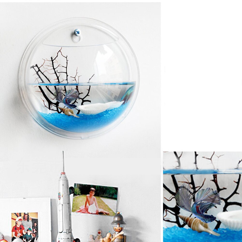 Acrylic Wall Mount Hanging Fish Bowl Aquarium Acrylic Tank Beta Goldfish Hanger Plant Transparent Fish Tank Wall Sticker Decor