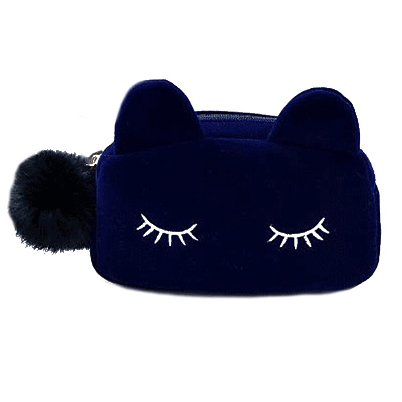 Kat Cosmetische Bag Velour Make Up Case Reizen Toilettas Opbergtas Hairball Rits Make Organizer Vrouwen Cosmetica Benodigdheden: Blauw