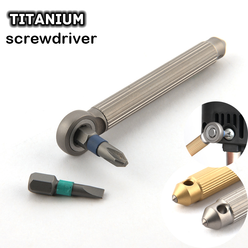 Titanium Alloy Brass Ratchet Wheel Screwdriver With 2PCS S2 Bit EDC Riding Equipment Tungsten Head Broken Window Gadget