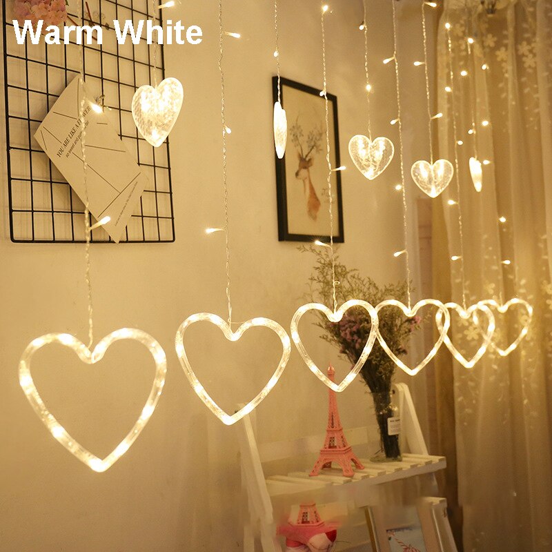 LED Twinkle Star Heart String Lights EU Plug 220V Waterproof Outdoor Christmas Fairy Garlands Curtain Lights Wedding Party Decor: heart-warm white