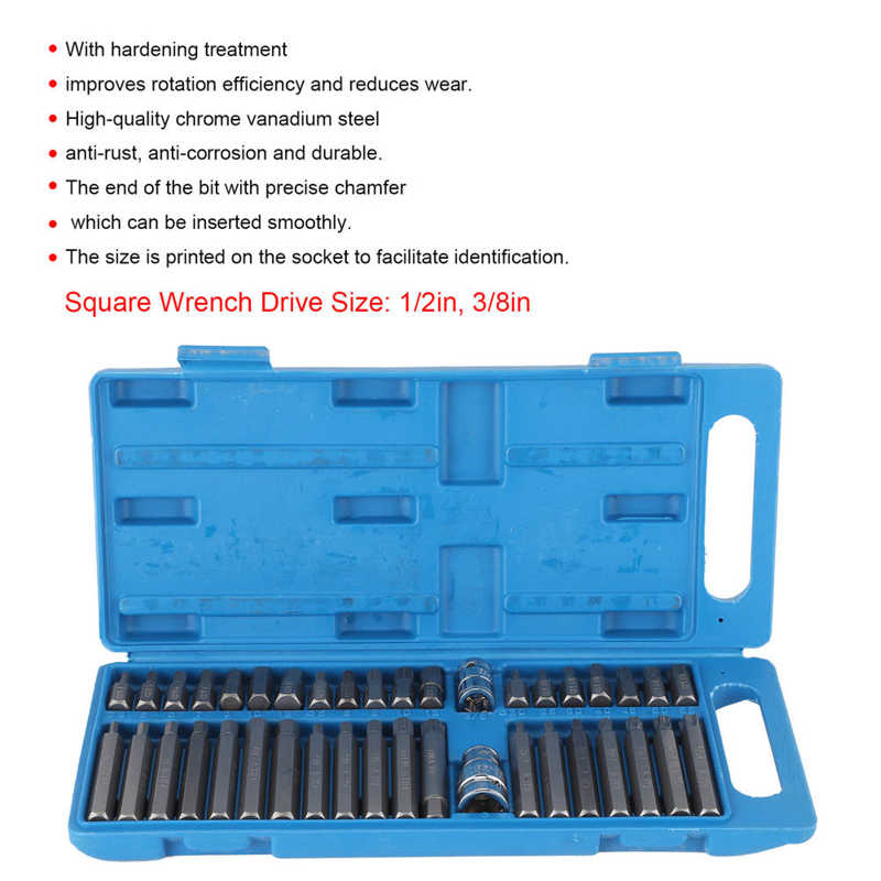 40pcs Star Spline Hex Socket Bit 1/2in 3/8in Square Drive with Blue Toolbox Hand Tool for Automobile Repairing Steel
