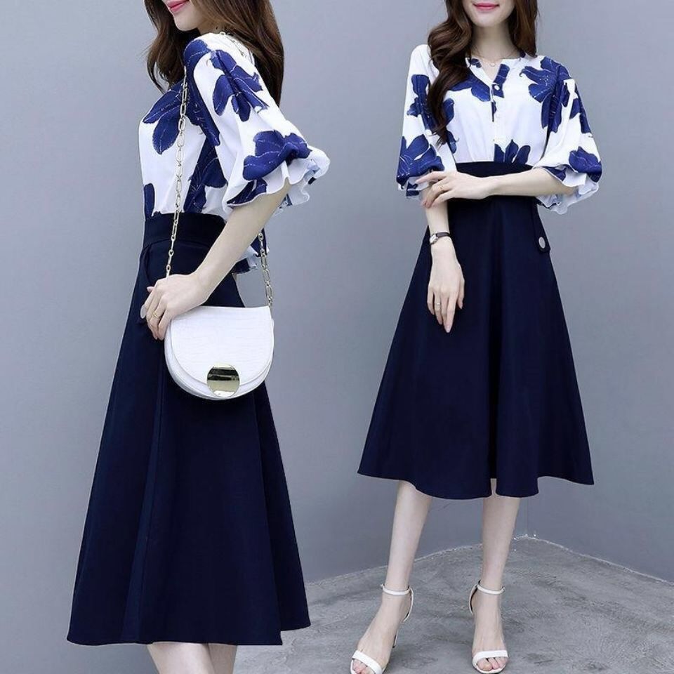 Primavera verão chiffon floral impressão de duas peças define mulheres blusas e calças largas perna ternos elegante moda escritório senhoras outfits: skirt set / XXL