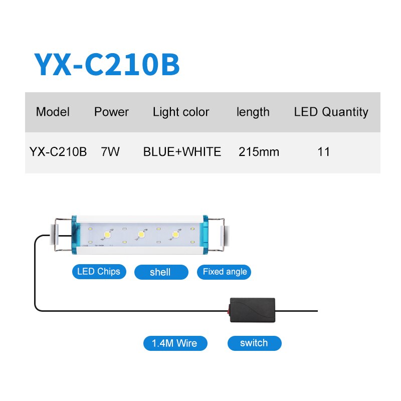 Super Bright Aquarium Light Fish Tank Plant Grow Lighting Aquarium Led Lighting 21-70CM Extensible Clip on Lamp For Fish Tank: YX-C210B