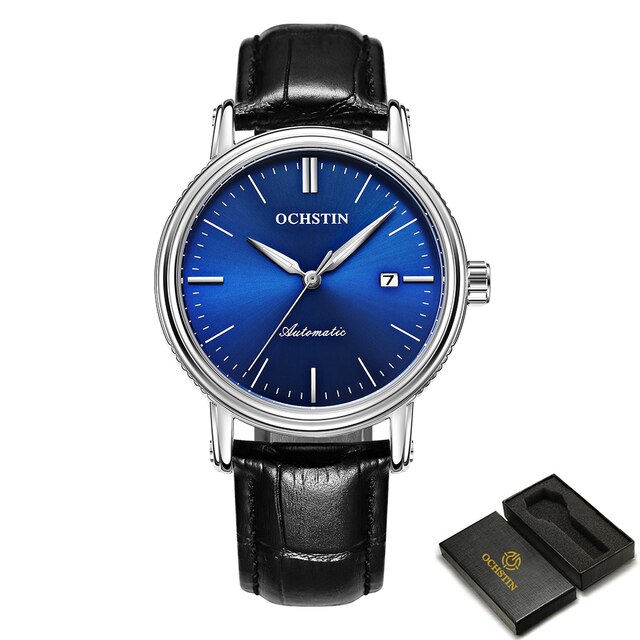 Ochstin Heren Horloges Mechanische Automatische Lederen Nylon Band Zakelijke Auto Datum Man Dress Horloge Waterdicht Mode Klok: blueL