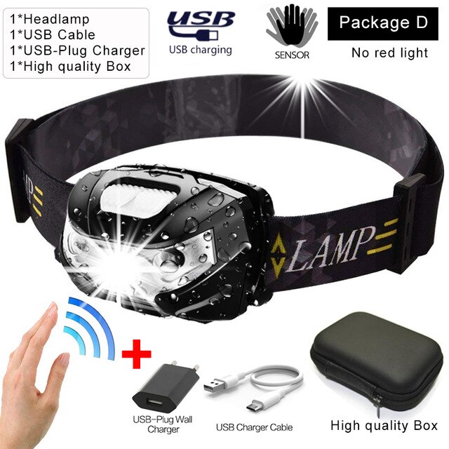 LED Scheinwerfer Motion Sensor Scheinwerfer USB Aufladbare Wasserdichte Scheinwerfer Scheinwerfer Camping Kopf Vorder Licht mit Batterie: package D