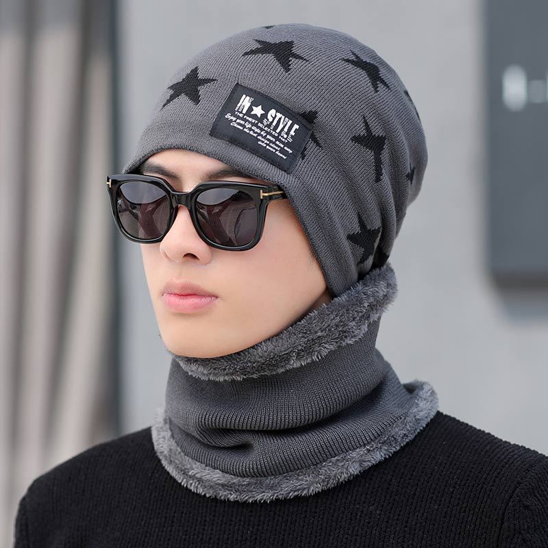 2 stk skihue og skjerf kaldt varmt skinn vinterhatt til kvinner menn strikket lue panser varm hette skullies beanies: Mørk grå