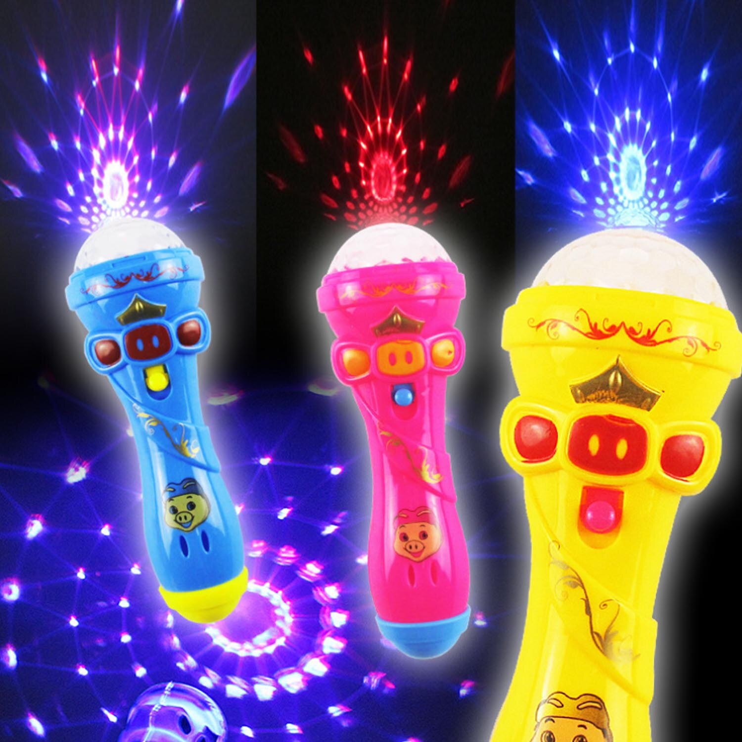 Niños Mini LED música inalámbrica Karaoke modelo de micrófono palo intermitente con bola de proyección 3D iluminación proyector de juguete de Color al azar