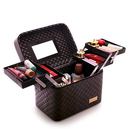 Large Capacity Makeup Suitcase Women Multilayer Toiletry Cosmetic Bag Organizer Portable Beauty Case Storage Box: black