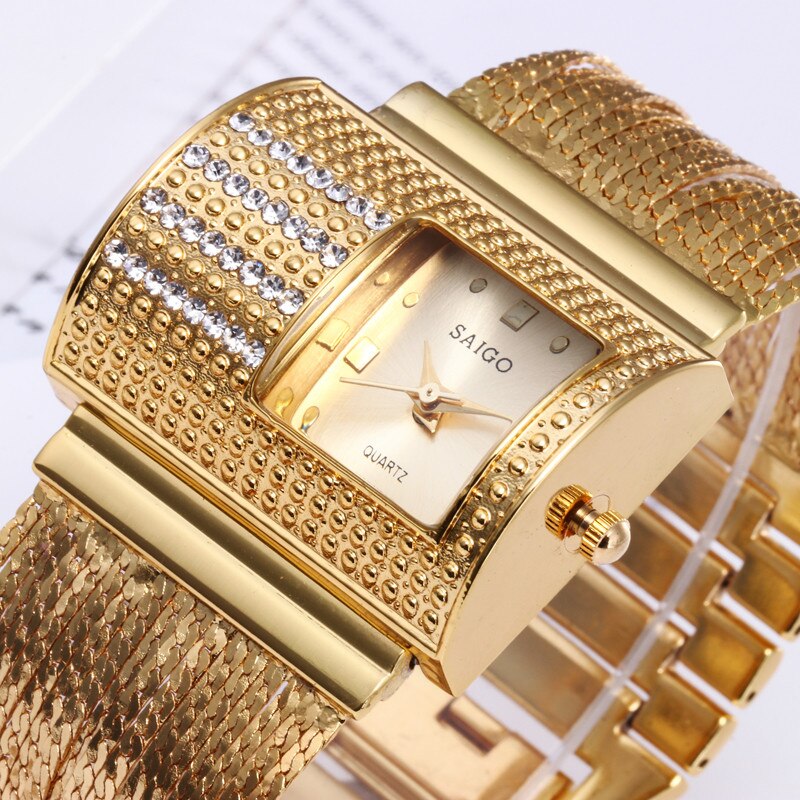 Vrouwen horloge Luxe Vrouwen Ronde Vol Diamanten Armband Horloge Analoog Quartz Horloge Rhinestone Exquisite Gold watchYE1