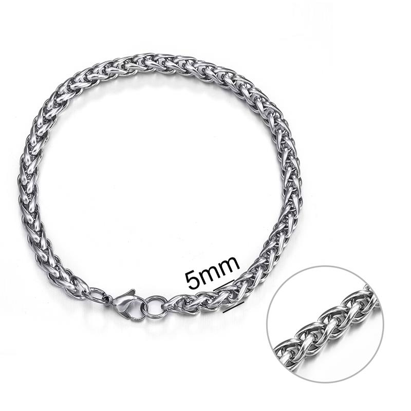 Jiayiqi 3-8mm pulsera de acero inoxidable para hombres, pulseras de cadena de eslabones de trigo de Color plateado Punk para hombres y mujeres, joyería de Hiphop: 5mm Bracelet / 18 cm