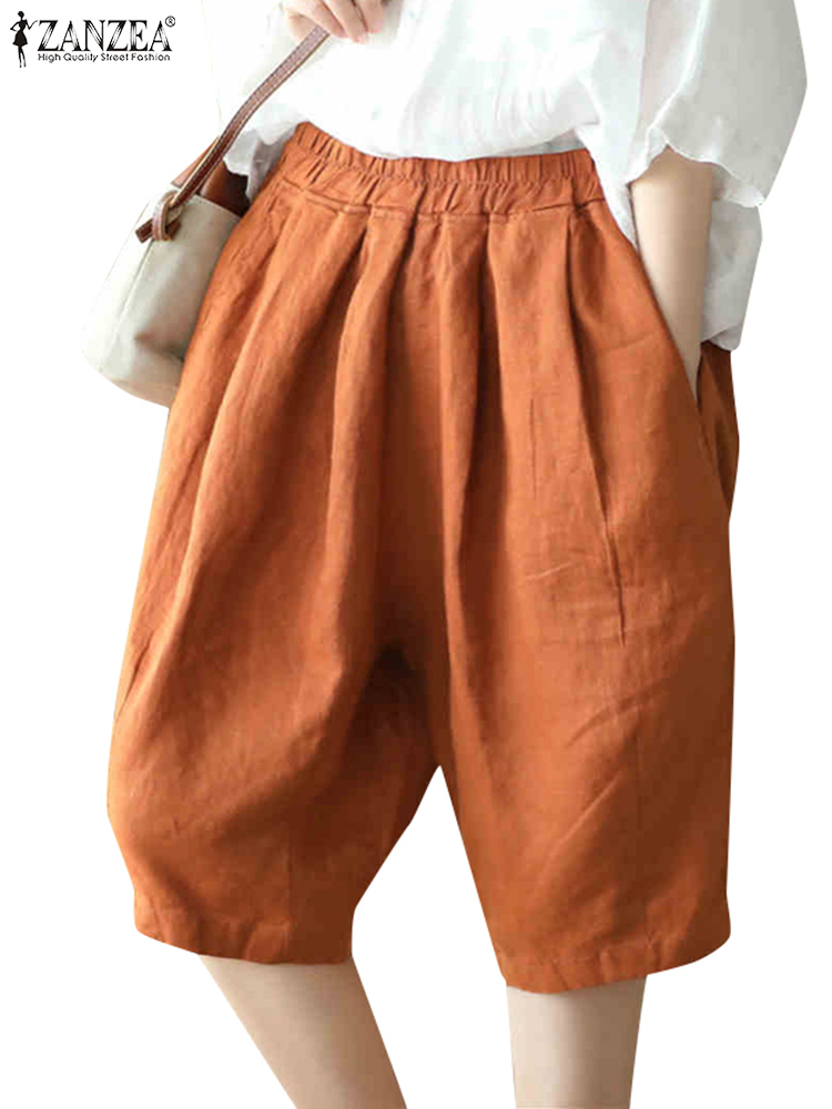 Zanzea sommar koreanska pantalons dam korta byxor elastisk midja veckade shorts avslappnade lösa bomullsbyxor