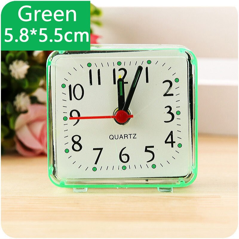 Reloj despertador cuadrado para cama pequeña, relojes de viaje compactos para niños, escritorio de estudiante, mesita de noche, mesa de hogar, pitido de cuarzo, lindo y portátil: Verde