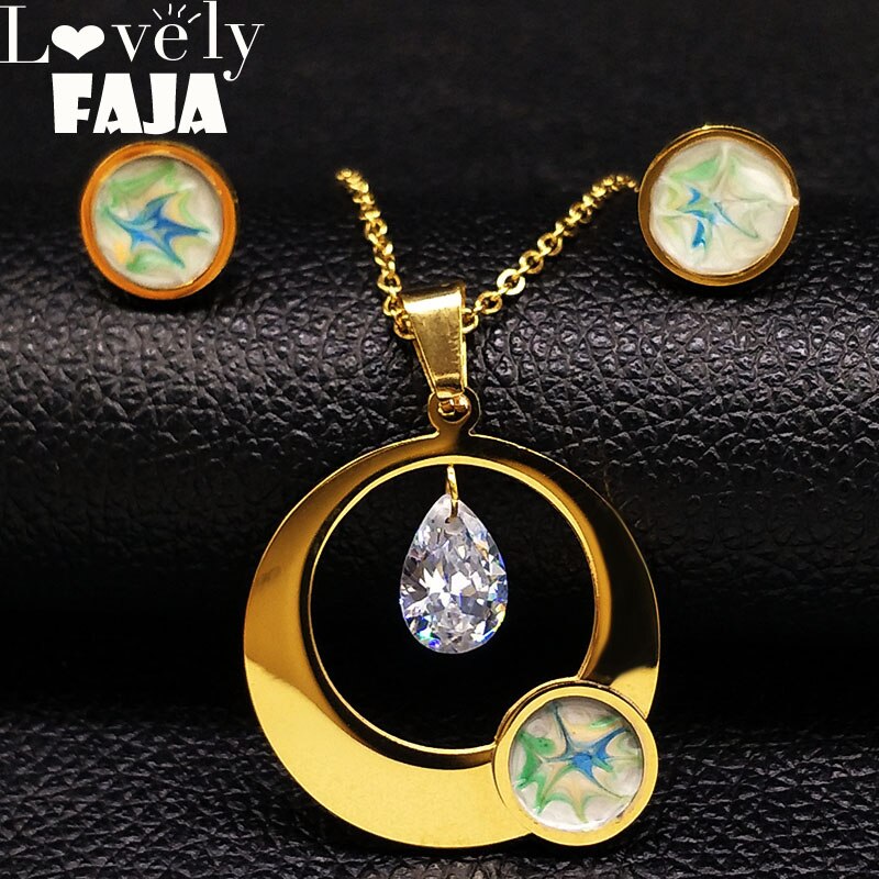 ! Conjuntos de joyas de cristal y acero inoxidable para mujer, collar con pendientes de Color dorado, conjuntos de joyas de Dubái, pendientes para mujer S178485