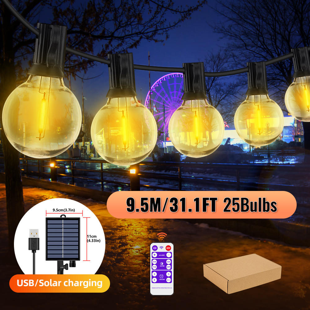 Guirnaldas de luces alimentadas por energía Solar para exteriores, luces de Patio G40 con bombillas LED inastillables, luces colgantes resistentes a la intemperie para bistró en el patio trasero: Soleado amarillo