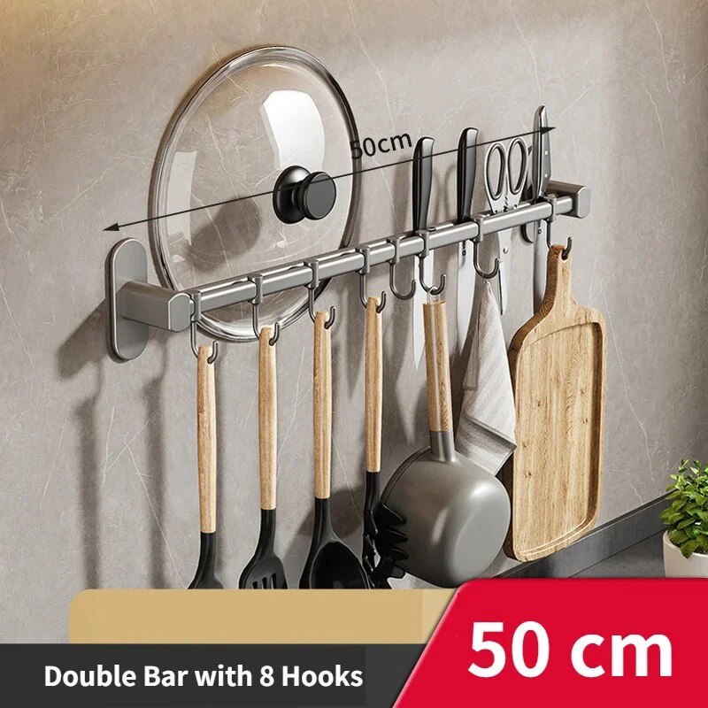Ganchos organizadores de cocina, colgadores de pared, estante para utensilios de cocina, soporte para cuchillos, tabla de cortar, tapa de cuchara, accesorios de almacenamiento sin taladro: Blanco